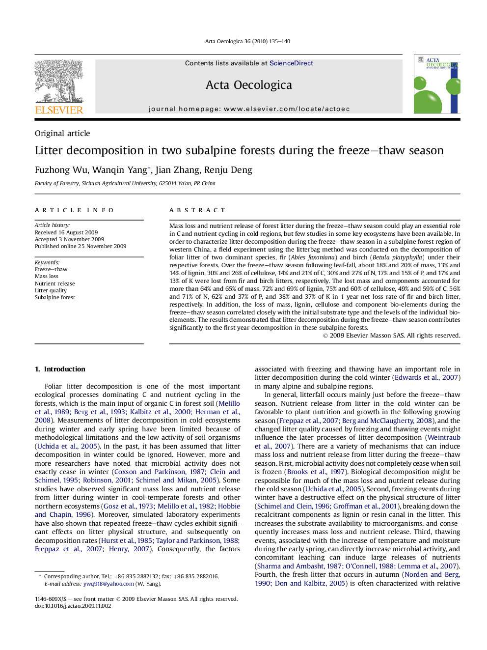 Litter decomposition in two subalpine forests during the freeze–thaw season