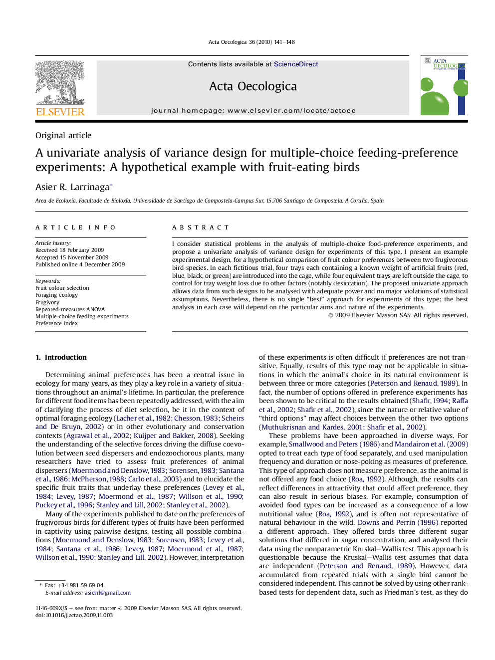 A univariate analysis of variance design for multiple-choice feeding-preference experiments: A hypothetical example with fruit-eating birds