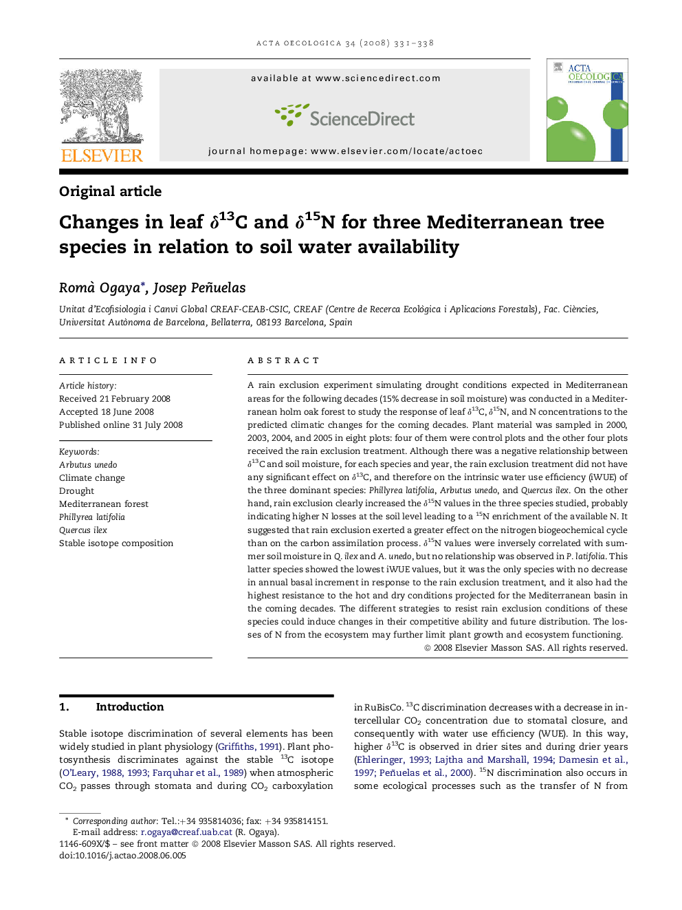 Changes in leaf Î´13C and Î´15N for three Mediterranean tree species in relation to soil water availability