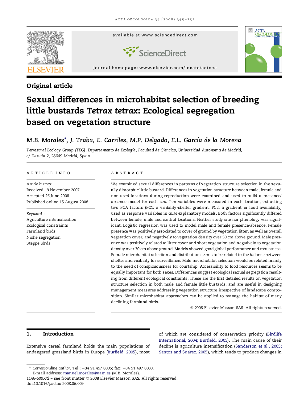 Sexual differences in microhabitat selection of breeding little bustards Tetrax tetrax: Ecological segregation based on vegetation structure