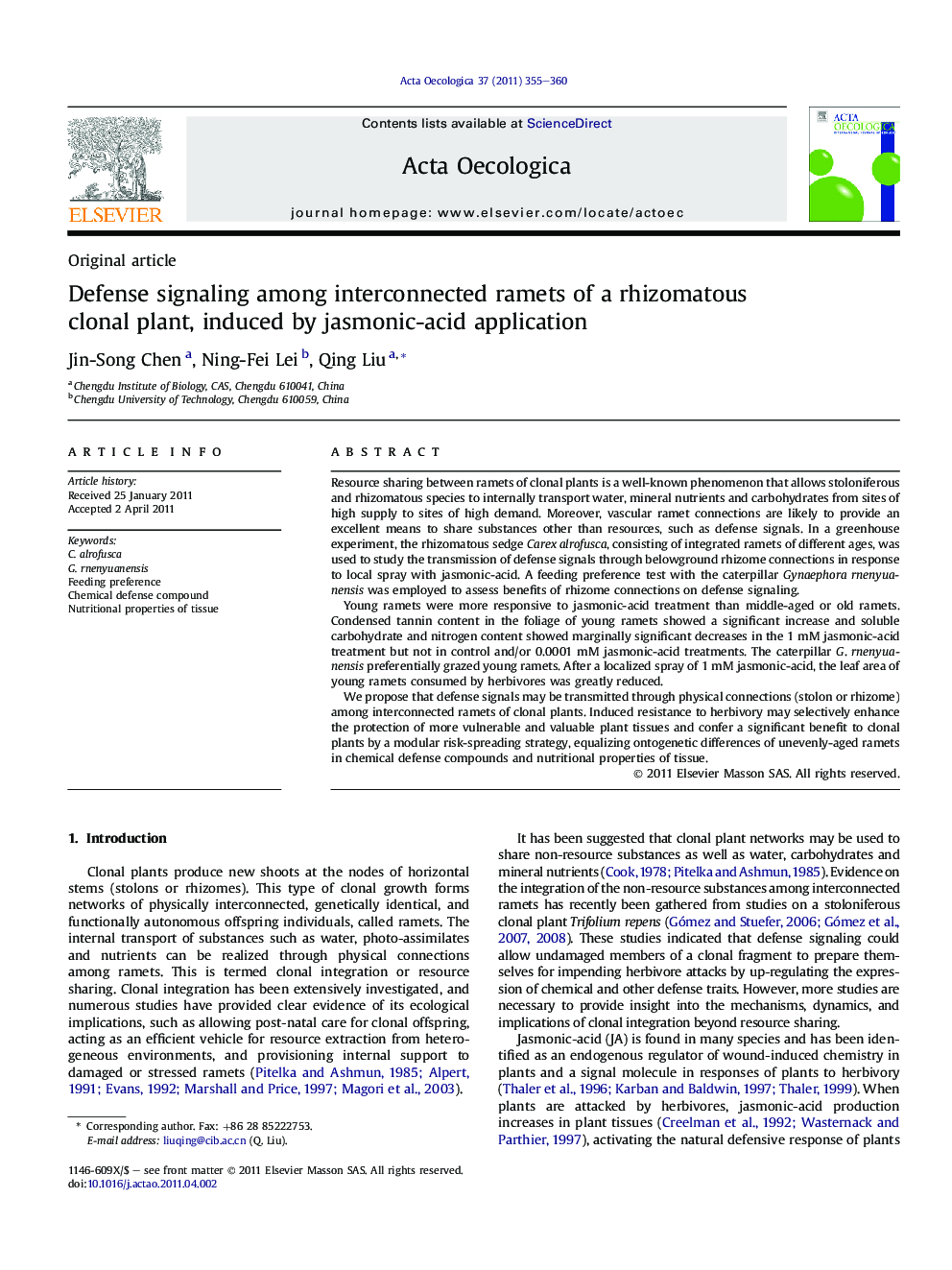 Defense signaling among interconnected ramets of a rhizomatous clonal plant, induced by jasmonic-acid application