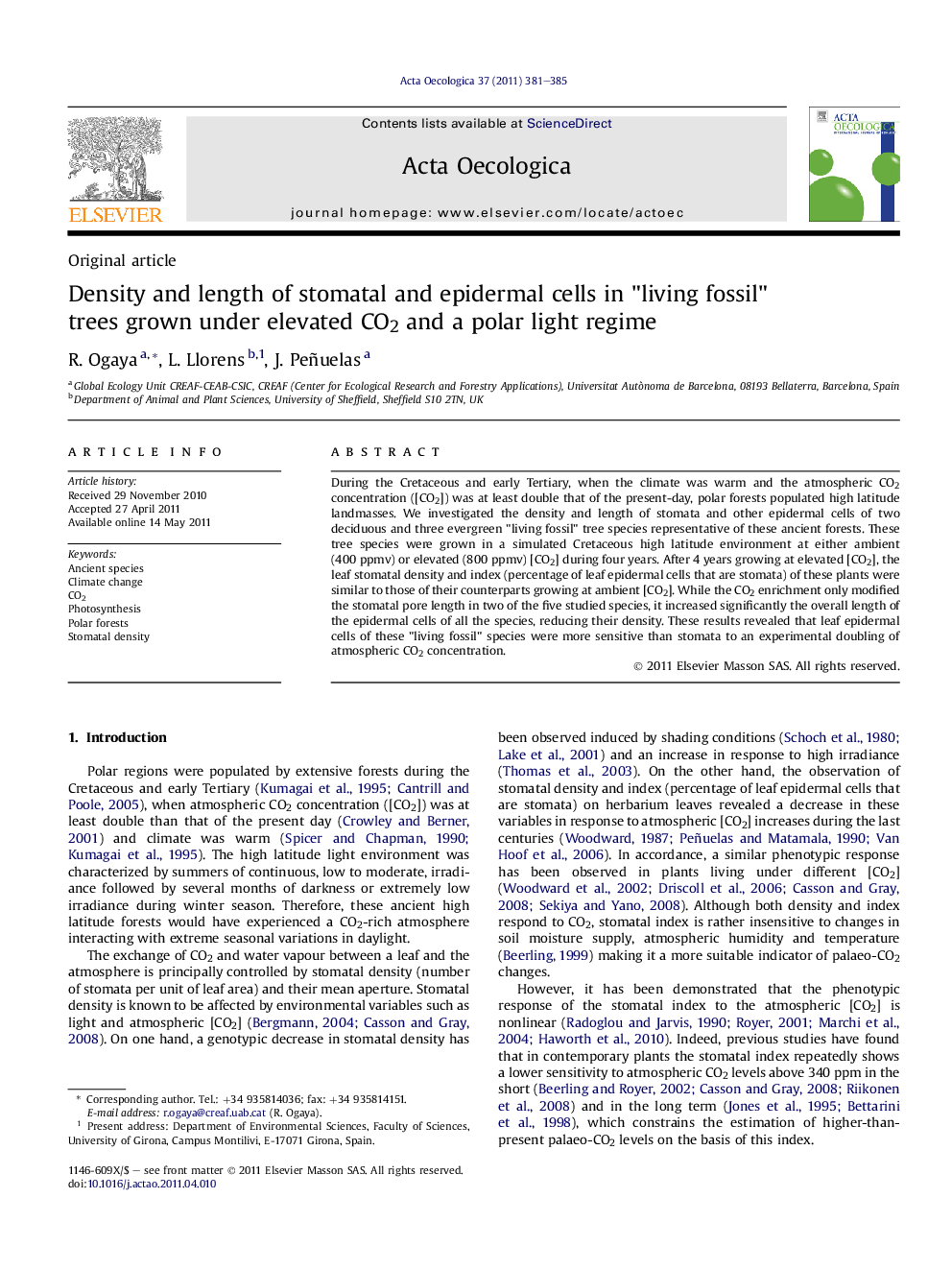 Density and length of stomatal and epidermal cells in "living fossil" trees grown under elevated CO2 and a polar light regime