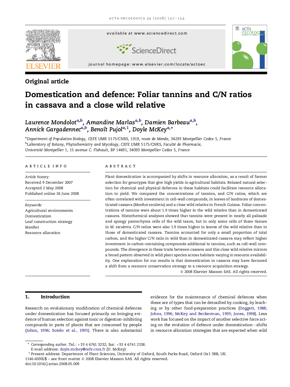 Domestication and defence: Foliar tannins and C/N ratios in cassava and a close wild relative