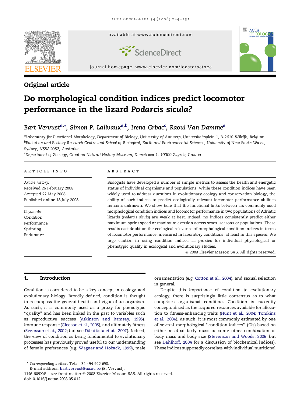 Do morphological condition indices predict locomotor performance in the lizard Podarcis sicula?