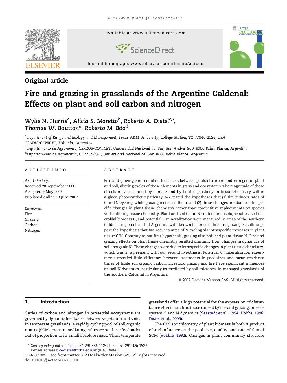 Fire and grazing in grasslands of the Argentine Caldenal: Effects on plant and soil carbon and nitrogen