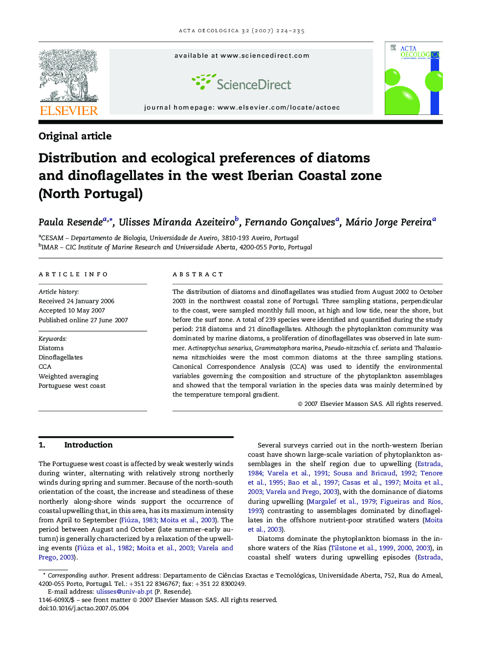 Distribution and ecological preferences of diatoms and dinoflagellates in the west Iberian Coastal zone (North Portugal)