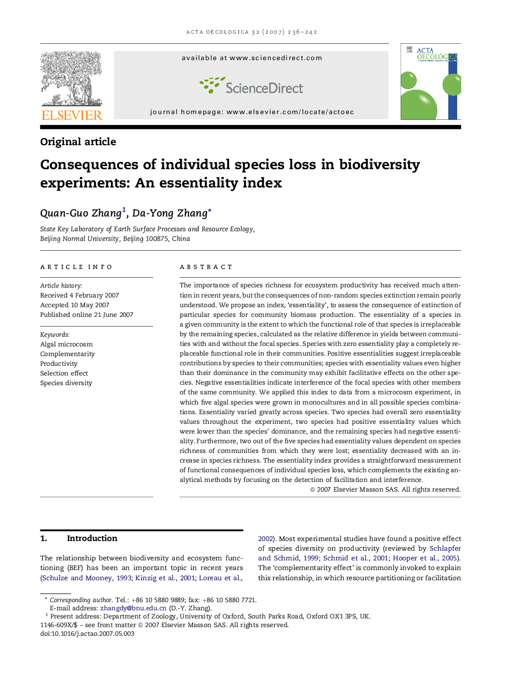 Consequences of individual species loss in biodiversity experiments: An essentiality index