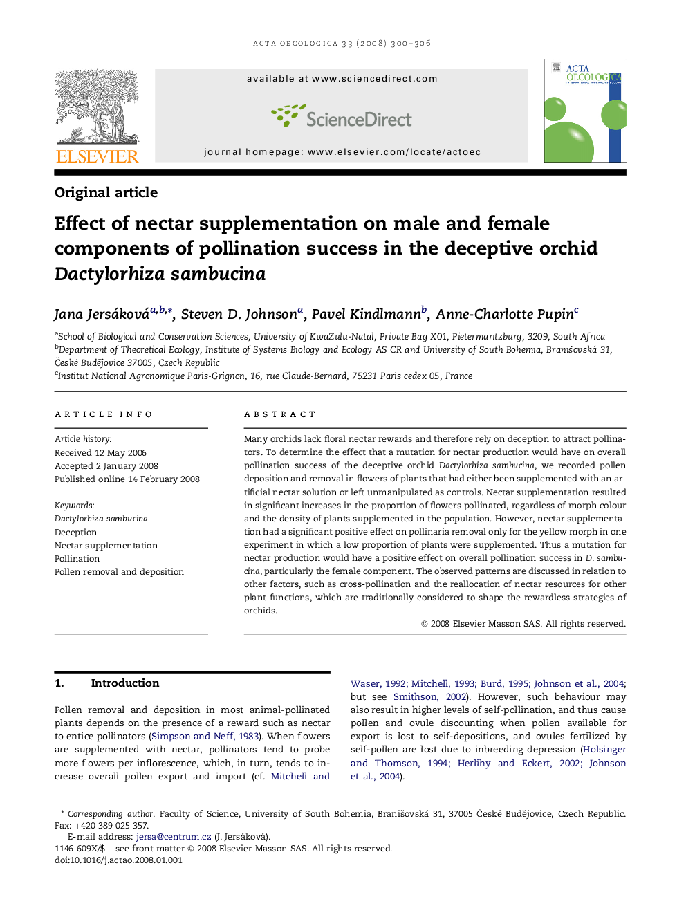 Effect of nectar supplementation on male and female components of pollination success in the deceptive orchid Dactylorhiza sambucina