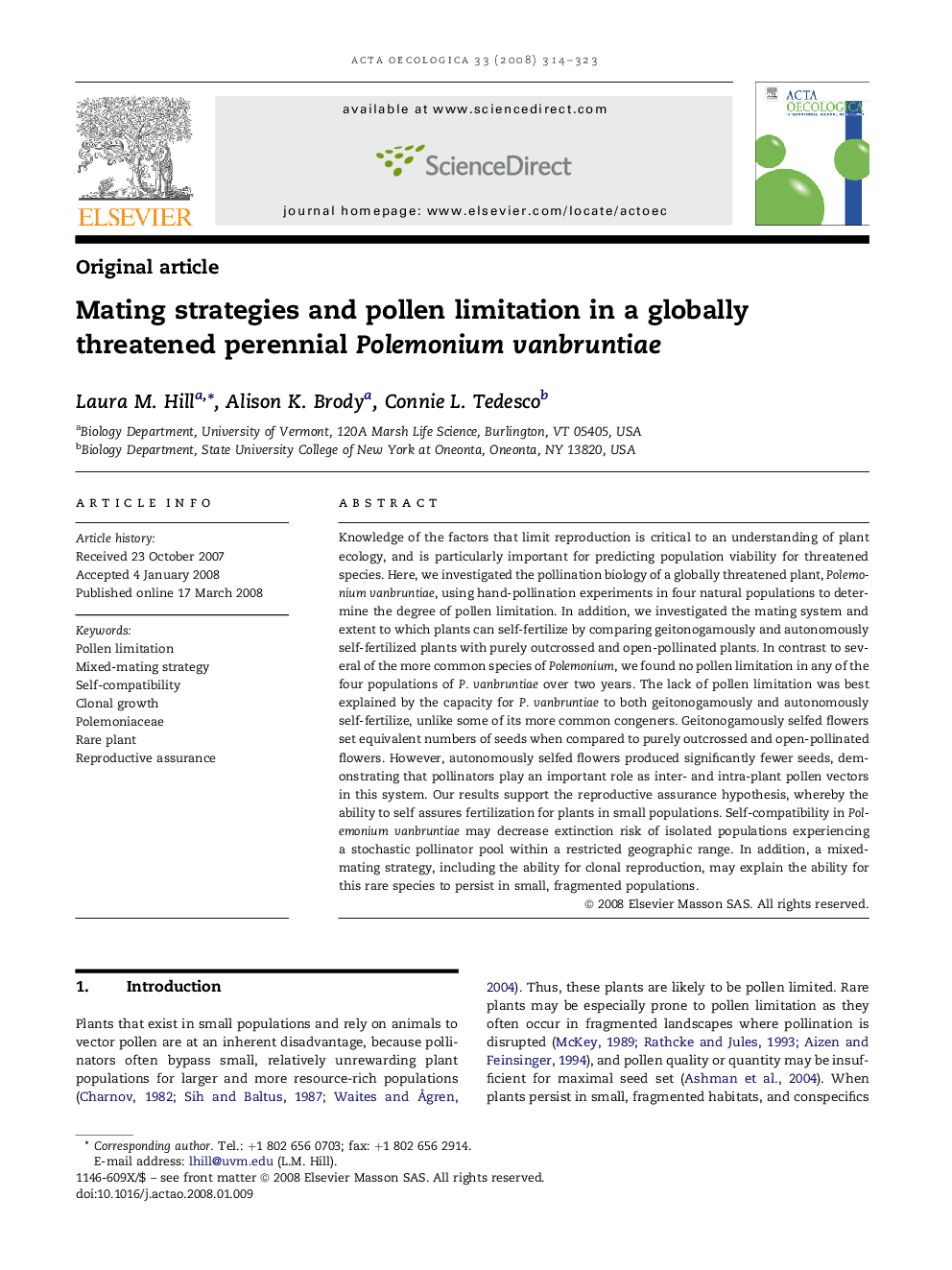 Mating strategies and pollen limitation in a globally threatened perennial Polemonium vanbruntiae