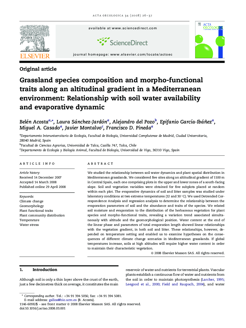 Grassland species composition and morpho-functional traits along an altitudinal gradient in a Mediterranean environment: Relationship with soil water availability and evaporative dynamic