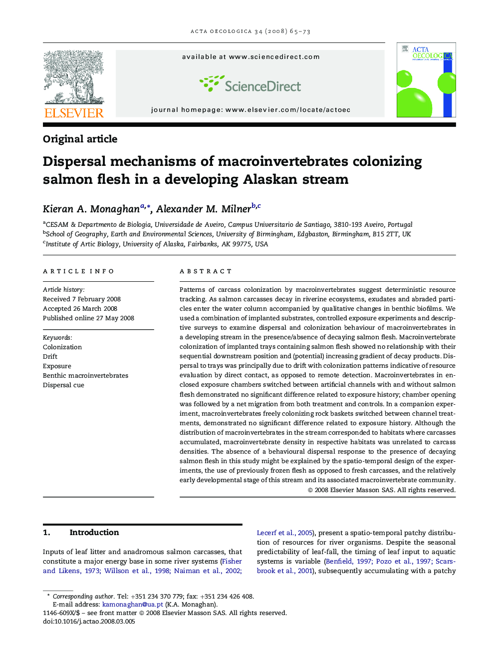 Dispersal mechanisms of macroinvertebrates colonizing salmon flesh in a developing Alaskan stream