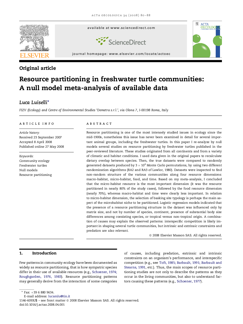 Resource partitioning in freshwater turtle communities: A null model meta-analysis of available data