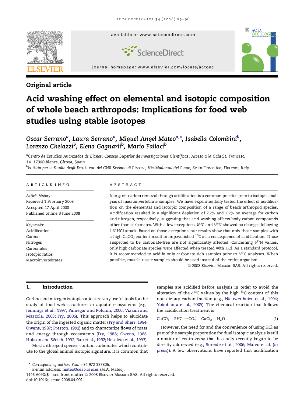 Acid washing effect on elemental and isotopic composition of whole beach arthropods: Implications for food web studies using stable isotopes