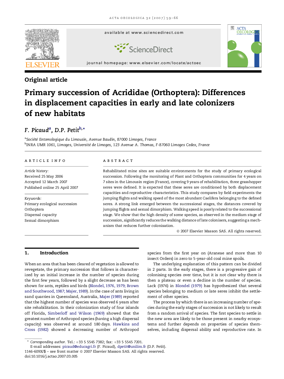 Primary succession of Acrididae (Orthoptera): Differences in displacement capacities in early and late colonizers of new habitats