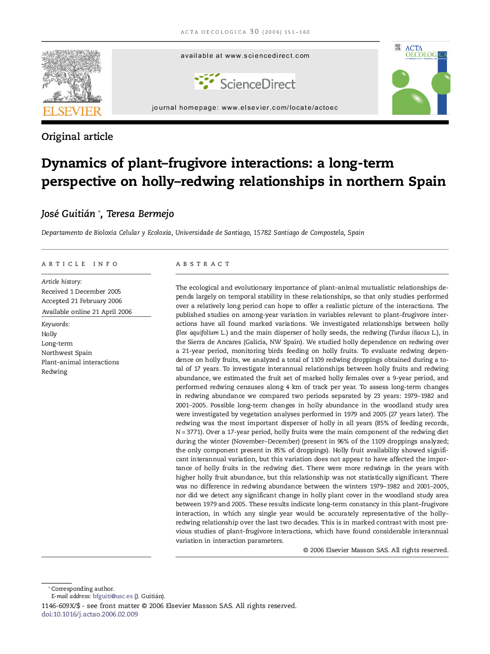 Dynamics ofÂ plant-frugivore interactions: aÂ long-term perspective onÂ holly-redwing relationships inÂ northern Spain