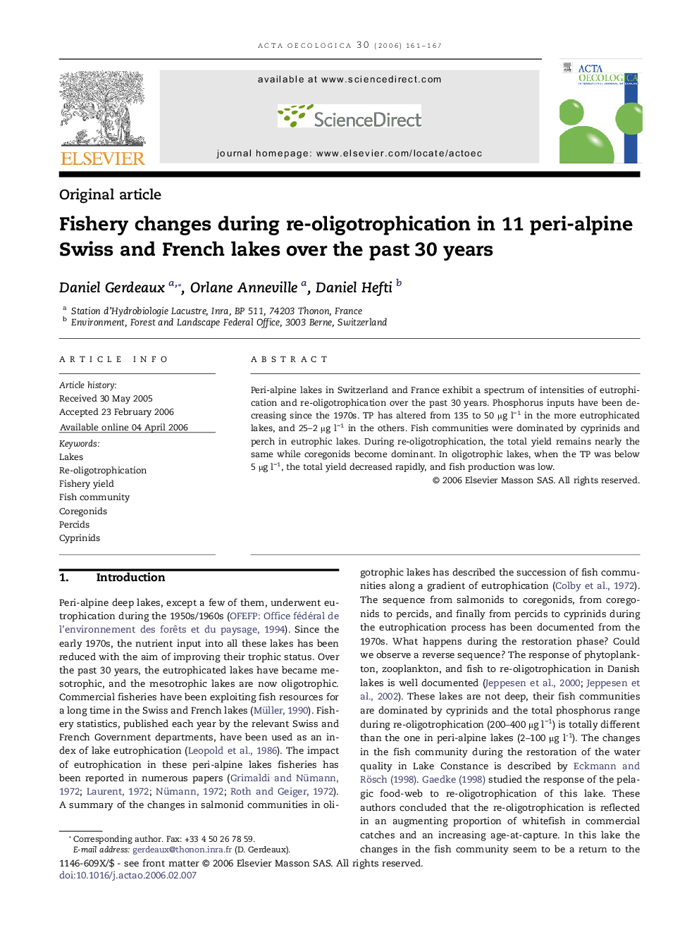 Fishery changes during re-oligotrophication in 11 peri-alpine Swiss and French lakes over the past 30 years