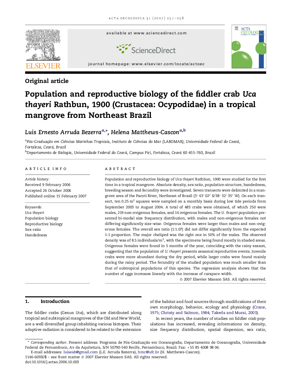 Population and reproductive biology of the fiddler crab Uca thayeri Rathbun, 1900 (Crustacea: Ocypodidae) in a tropical mangrove from Northeast Brazil