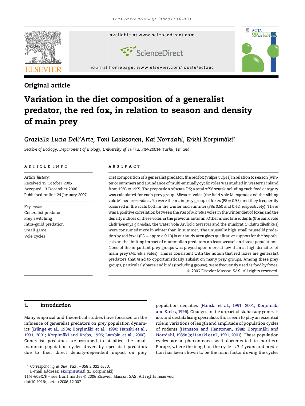 Variation in the diet composition of a generalist predator, the red fox, in relation to season and density of main prey