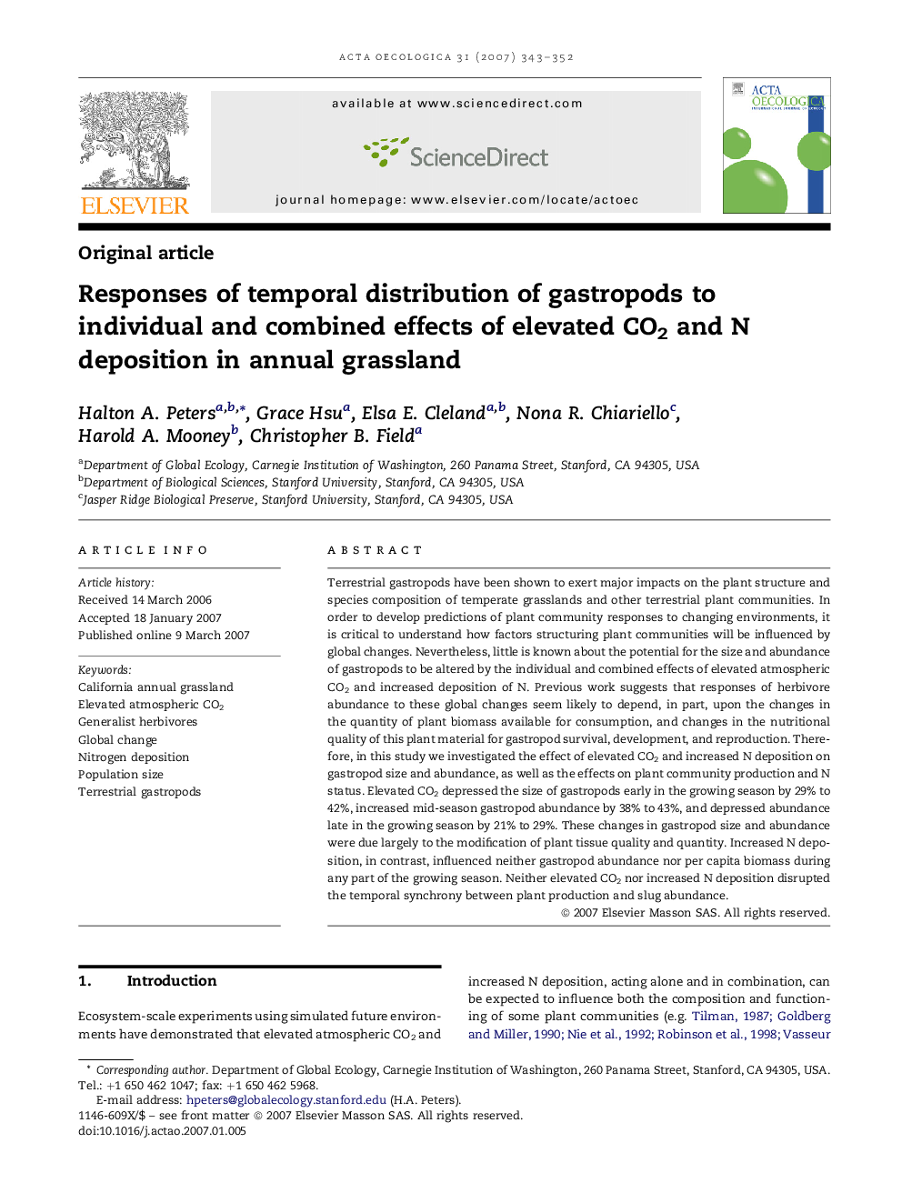 Responses of temporal distribution of gastropods to individual and combined effects of elevated CO2 and N deposition in annual grassland