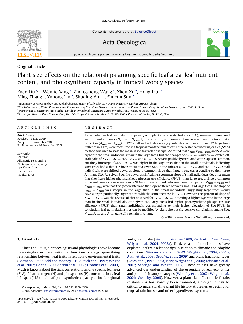 Plant size effects on the relationships among specific leaf area, leaf nutrient content, and photosynthetic capacity in tropical woody species