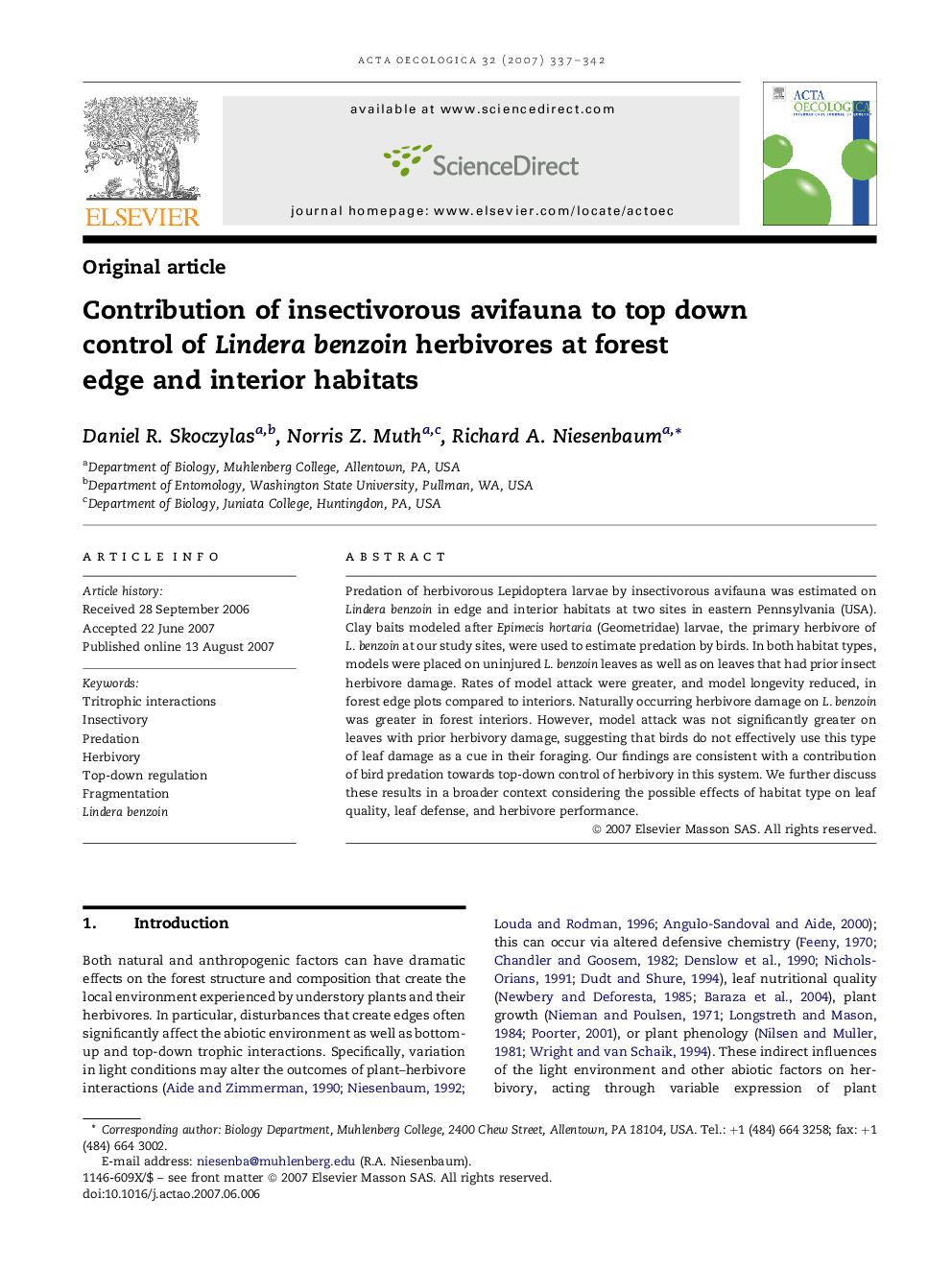 Contribution of insectivorous avifauna to top down control of Lindera benzoin herbivores at forest edge and interior habitats