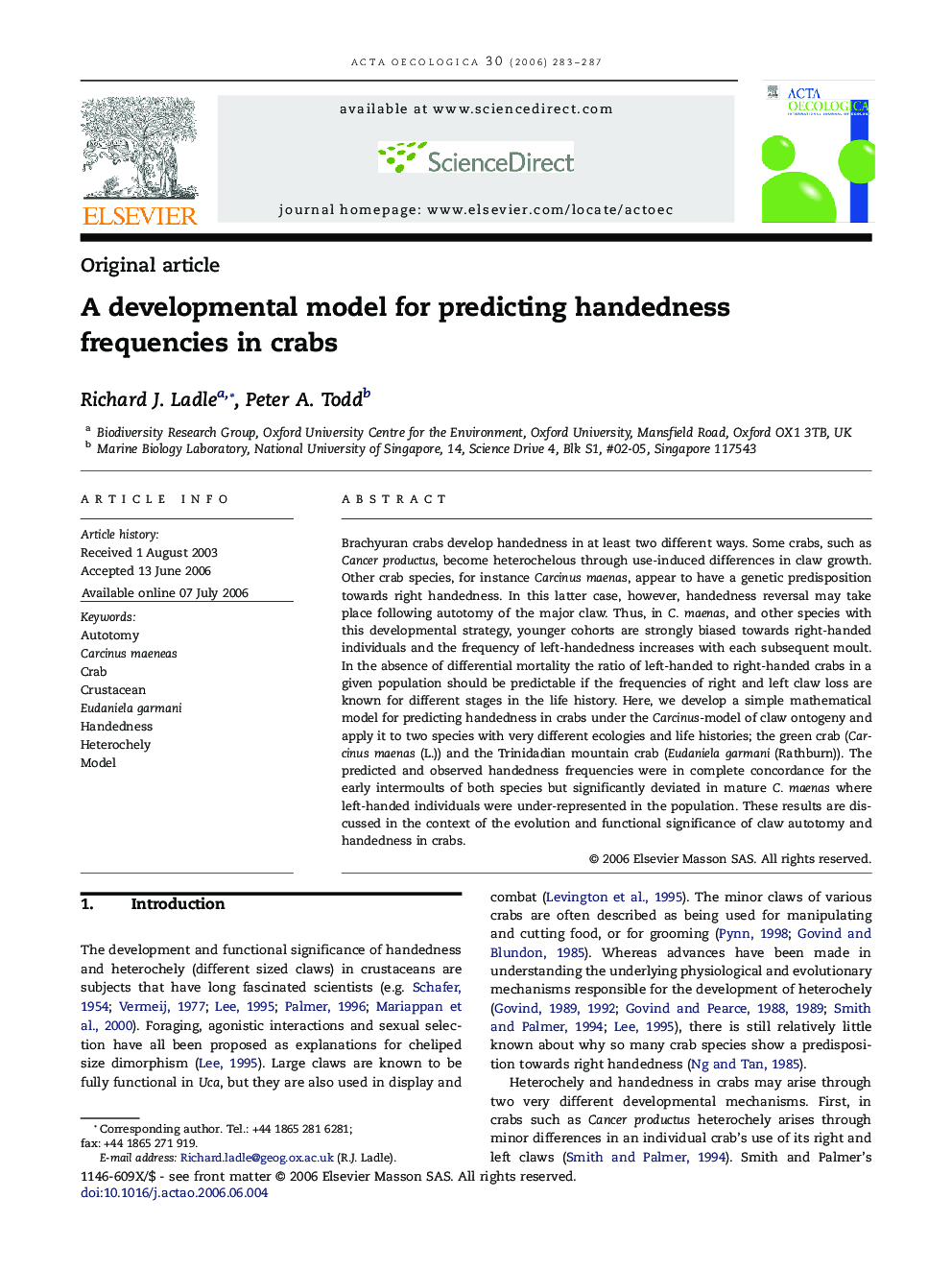 A developmental model for predicting handedness frequencies in crabs