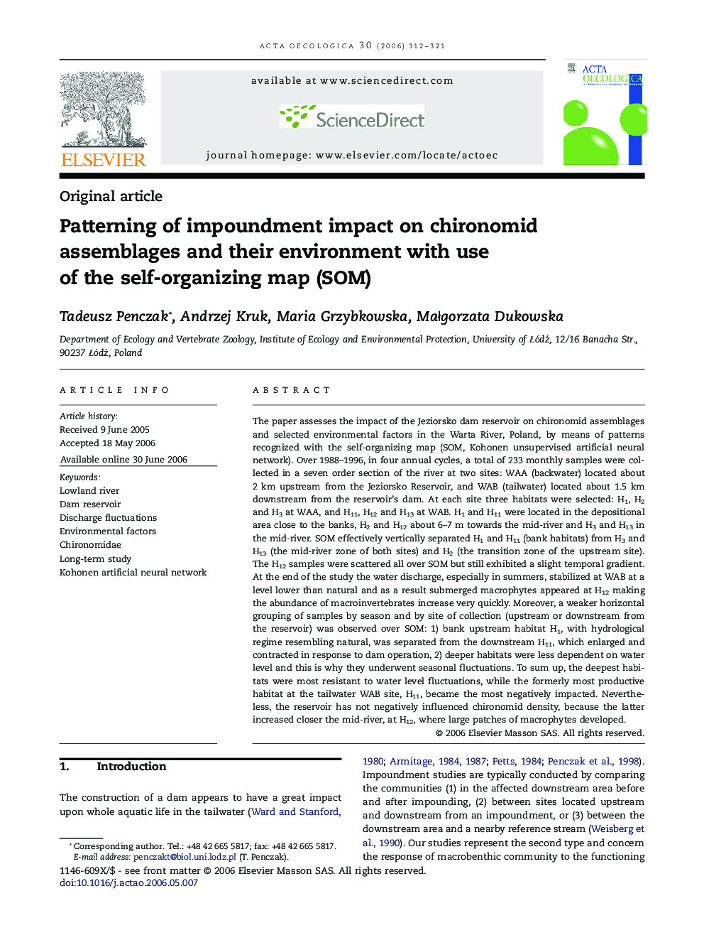 Patterning of impoundment impact on chironomid assemblages and their environment with use of the self-organizing map (SOM)