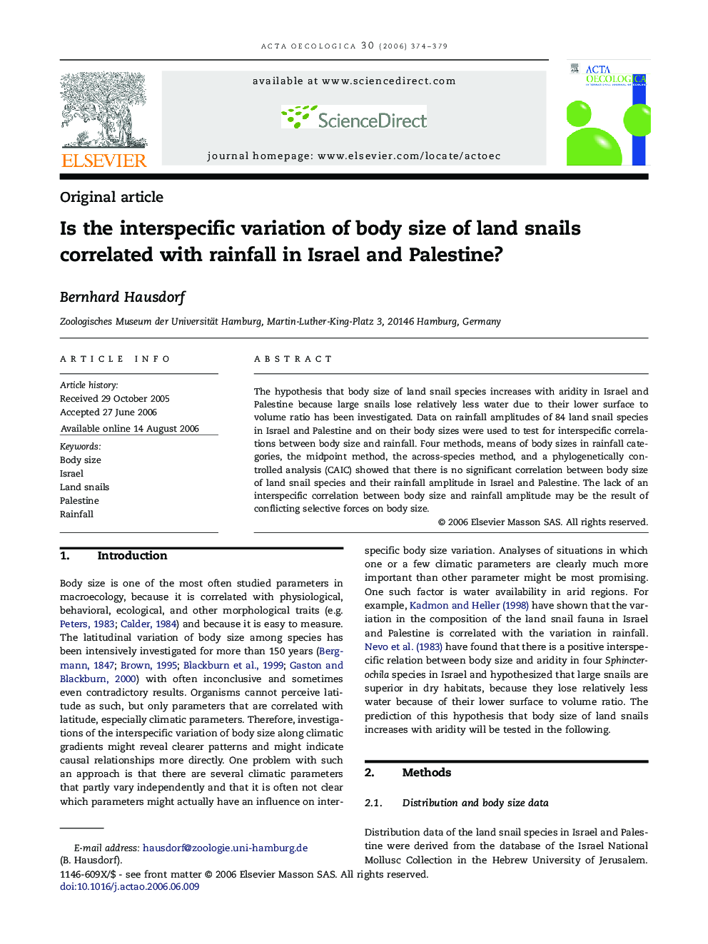 Is theÂ interspecific variation ofÂ body size ofÂ land snails correlated with rainfall inÂ Israel andÂ Palestine?