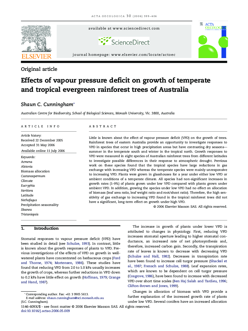 Effects of vapour pressure deficit on growth of temperate and tropical evergreen rainforest trees of Australia