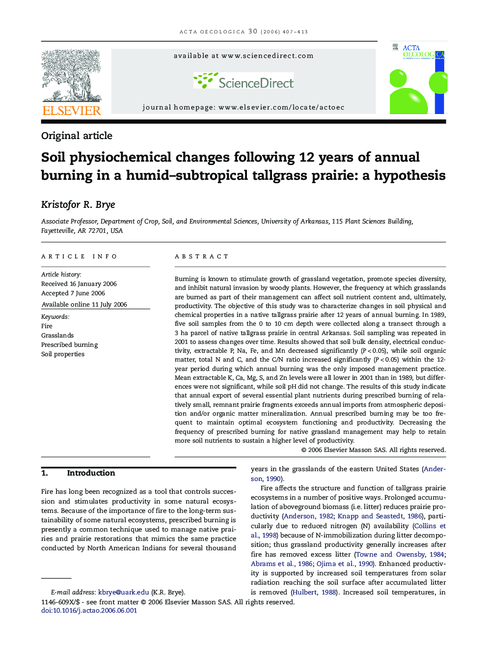 Soil physiochemical changes following 12 years of annual burning in a humid–subtropical tallgrass prairie: a hypothesis