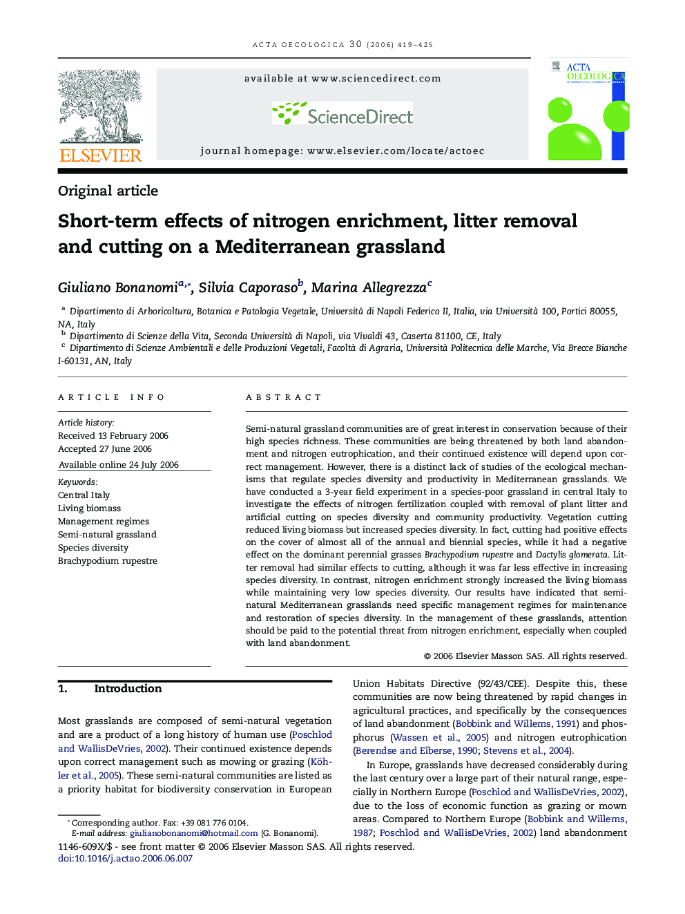 Short-term effects ofÂ nitrogen enrichment, litter removal andÂ cutting onÂ aÂ Mediterranean grassland