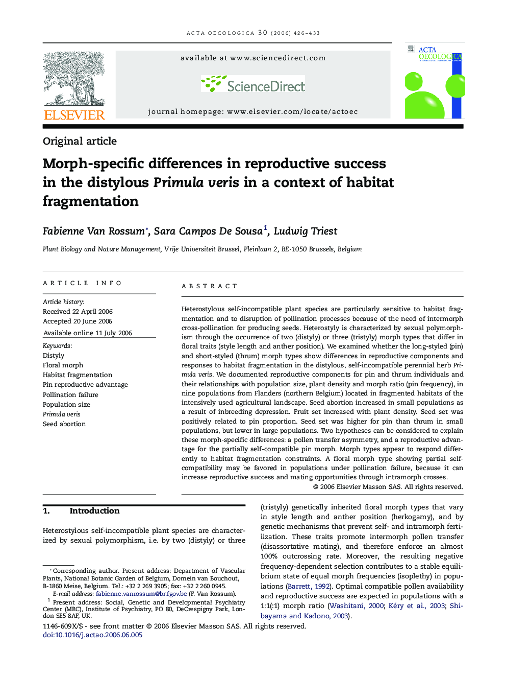 Morph-specific differences in reproductive success in the distylous Primula veris in a context of habitat fragmentation