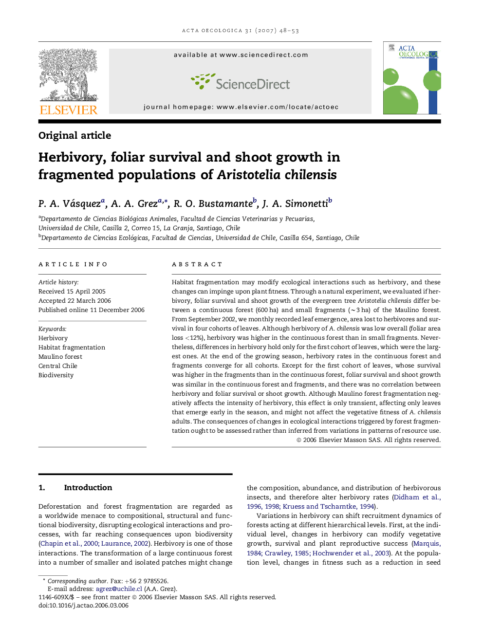 Herbivory, foliar survival and shoot growth in fragmented populations of Aristotelia chilensis