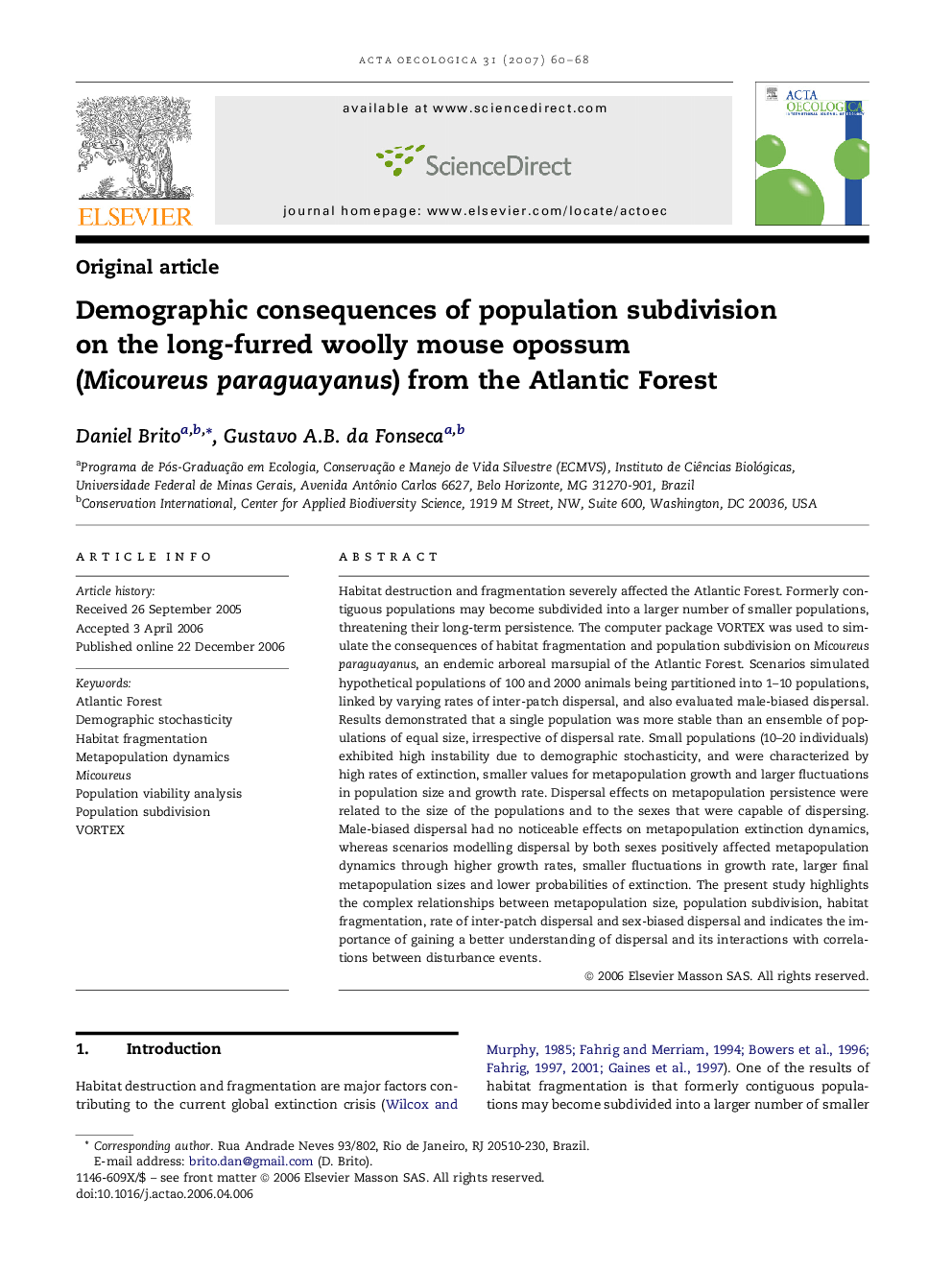 Demographic consequences of population subdivision on the long-furred woolly mouse opossum (Micoureus paraguayanus) from the Atlantic Forest