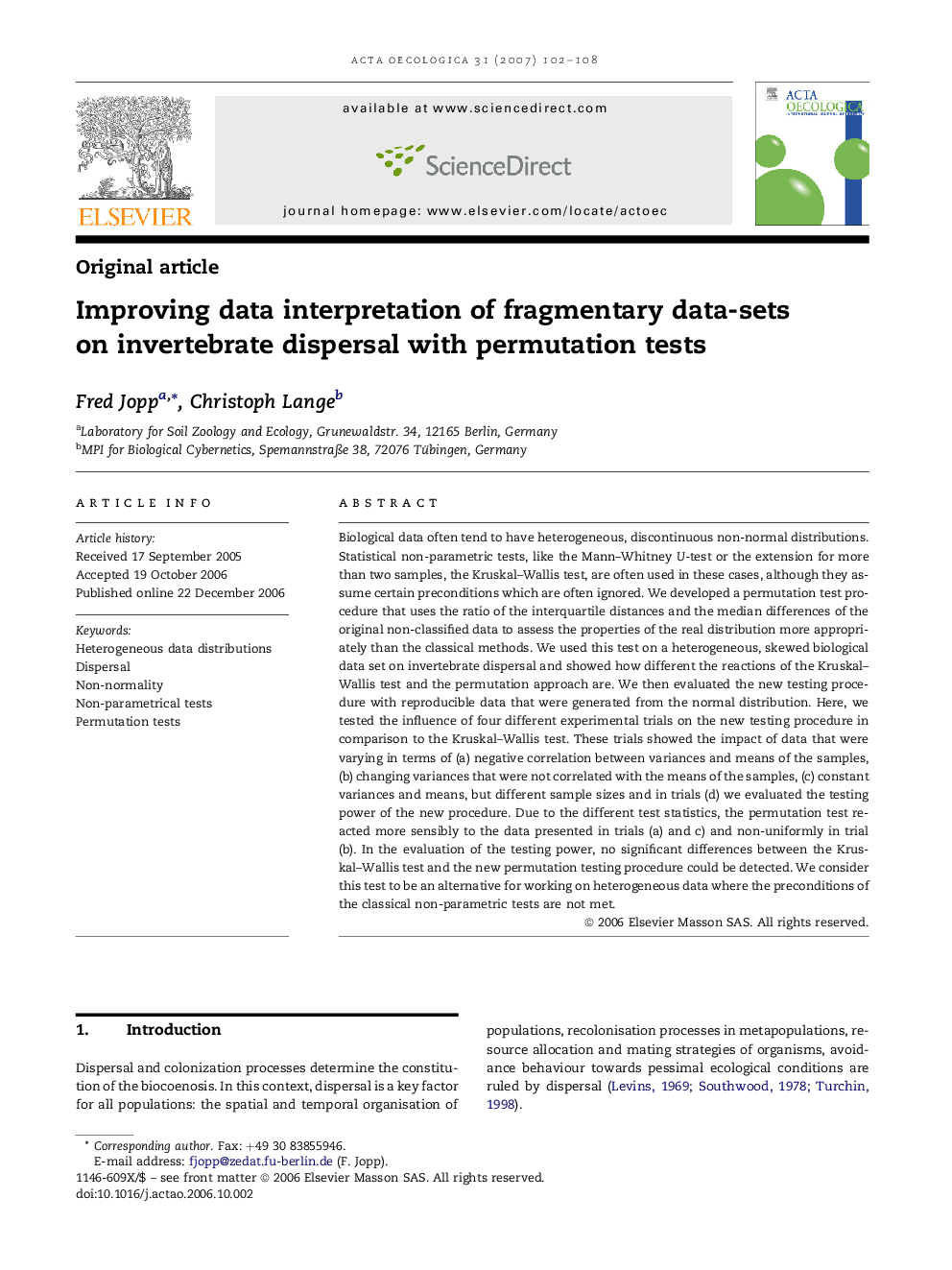 Improving data interpretation of fragmentary data-sets on invertebrate dispersal with permutation tests