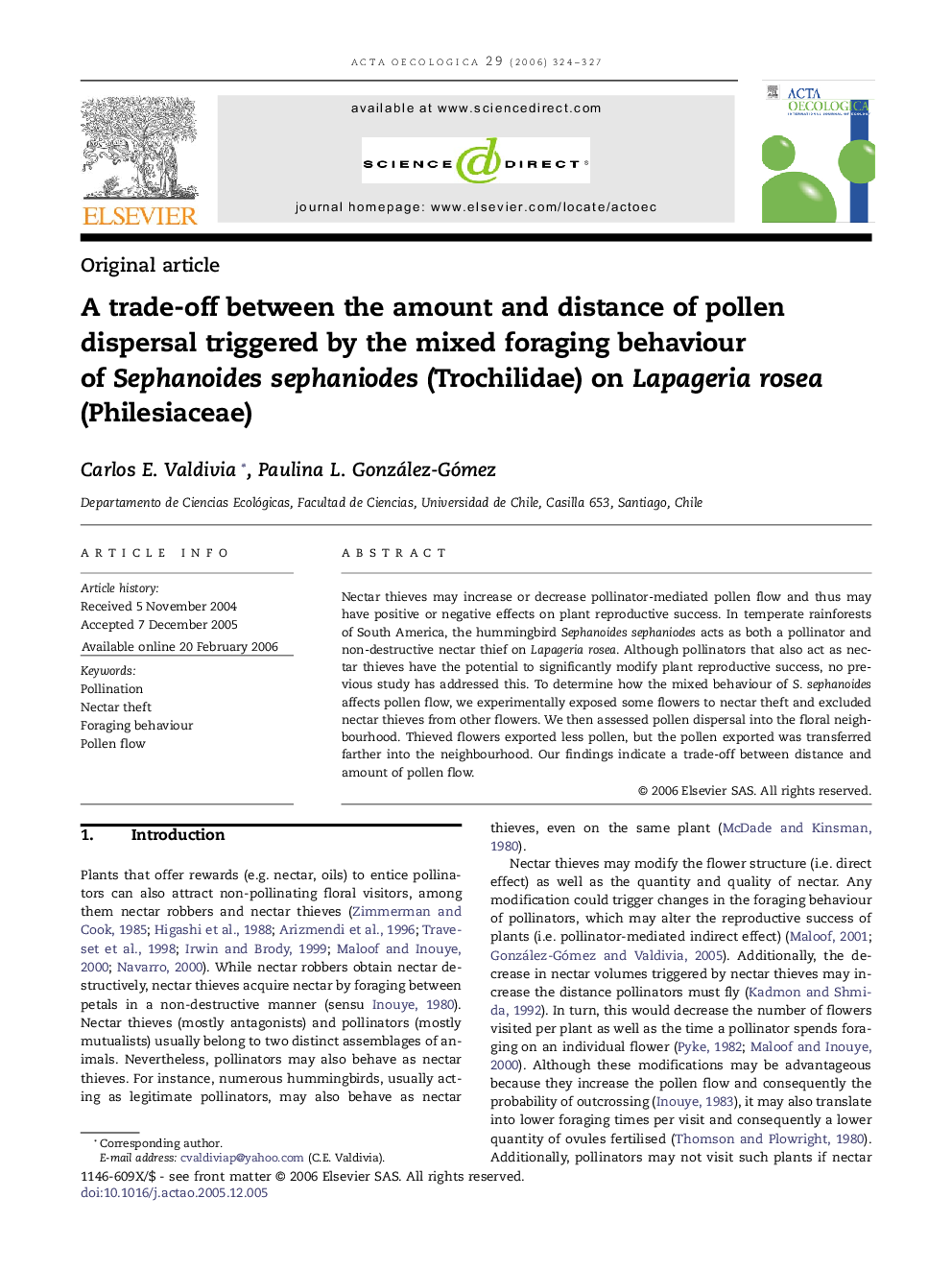 A trade-off between the amount and distance of pollen dispersal triggered by the mixed foraging behaviour of Sephanoides sephaniodes (Trochilidae) on Lapageria rosea (Philesiaceae)