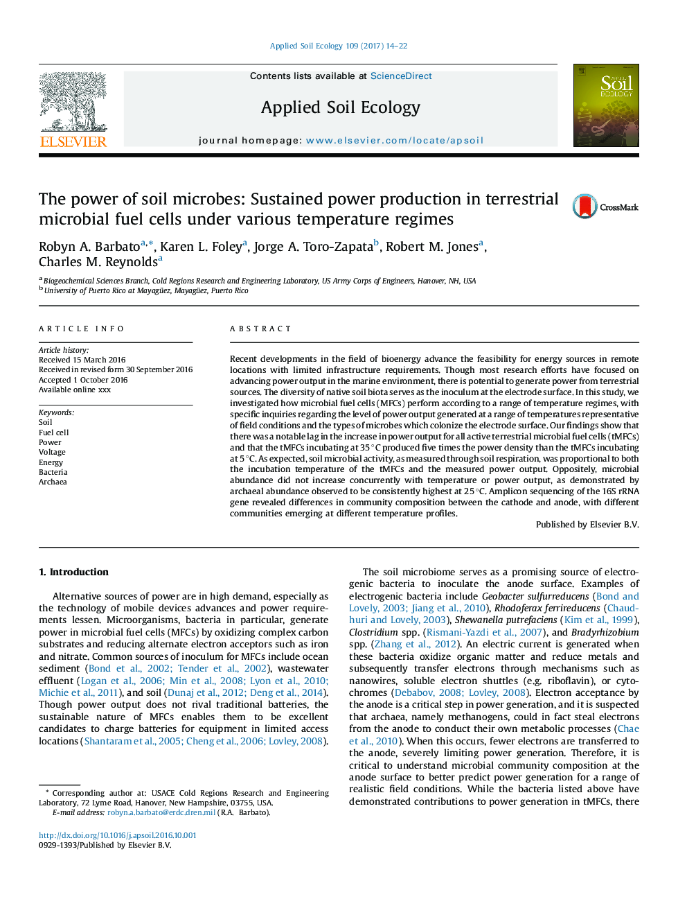 The power of soil microbes: Sustained power production in terrestrial microbial fuel cells under various temperature regimes