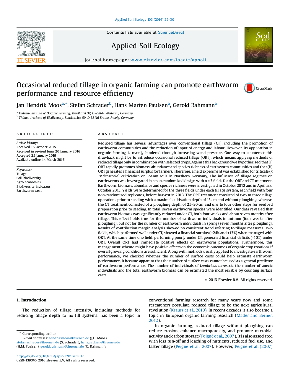 Occasional reduced tillage in organic farming can promote earthworm performance and resource efficiency