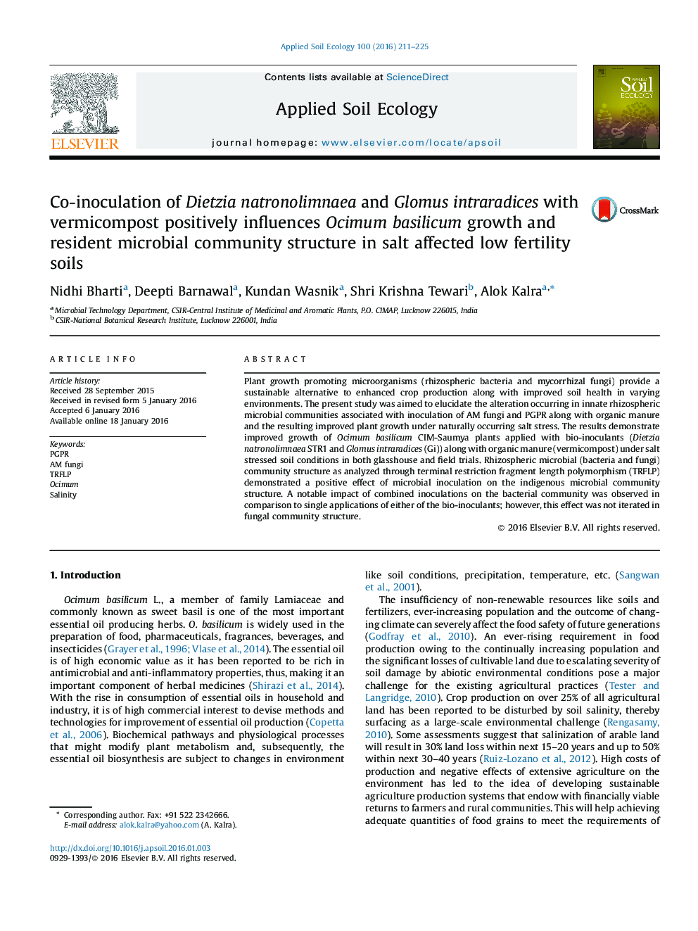Co-inoculation of Dietzia natronolimnaea and Glomus intraradices with vermicompost positively influences Ocimum basilicum growth and resident microbial community structure in salt affected low fertility soils