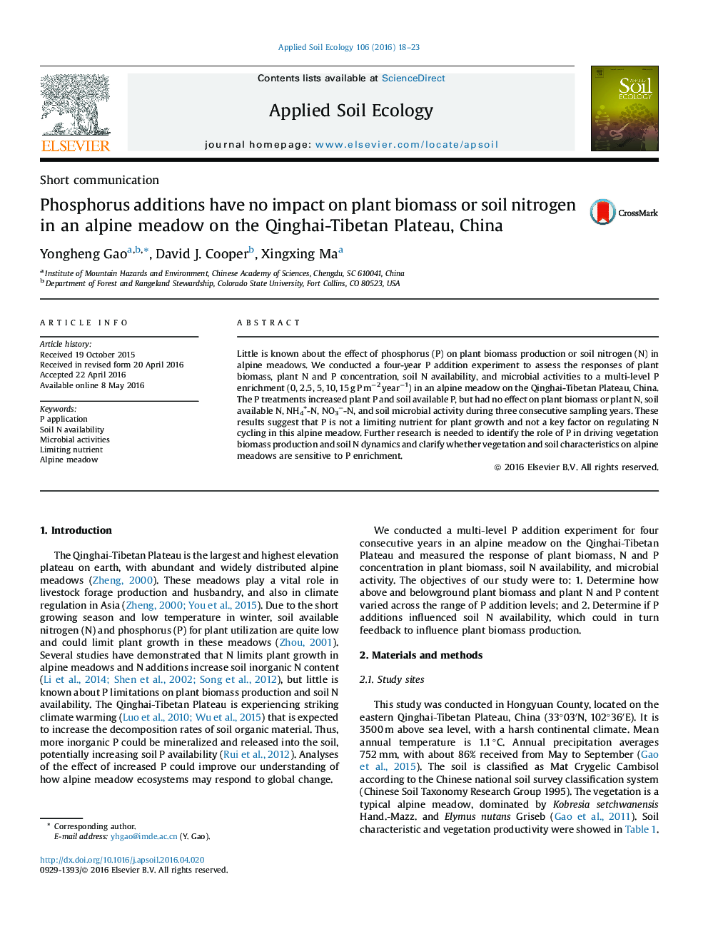 Phosphorus additions have no impact on plant biomass or soil nitrogen in an alpine meadow on the Qinghai-Tibetan Plateau, China