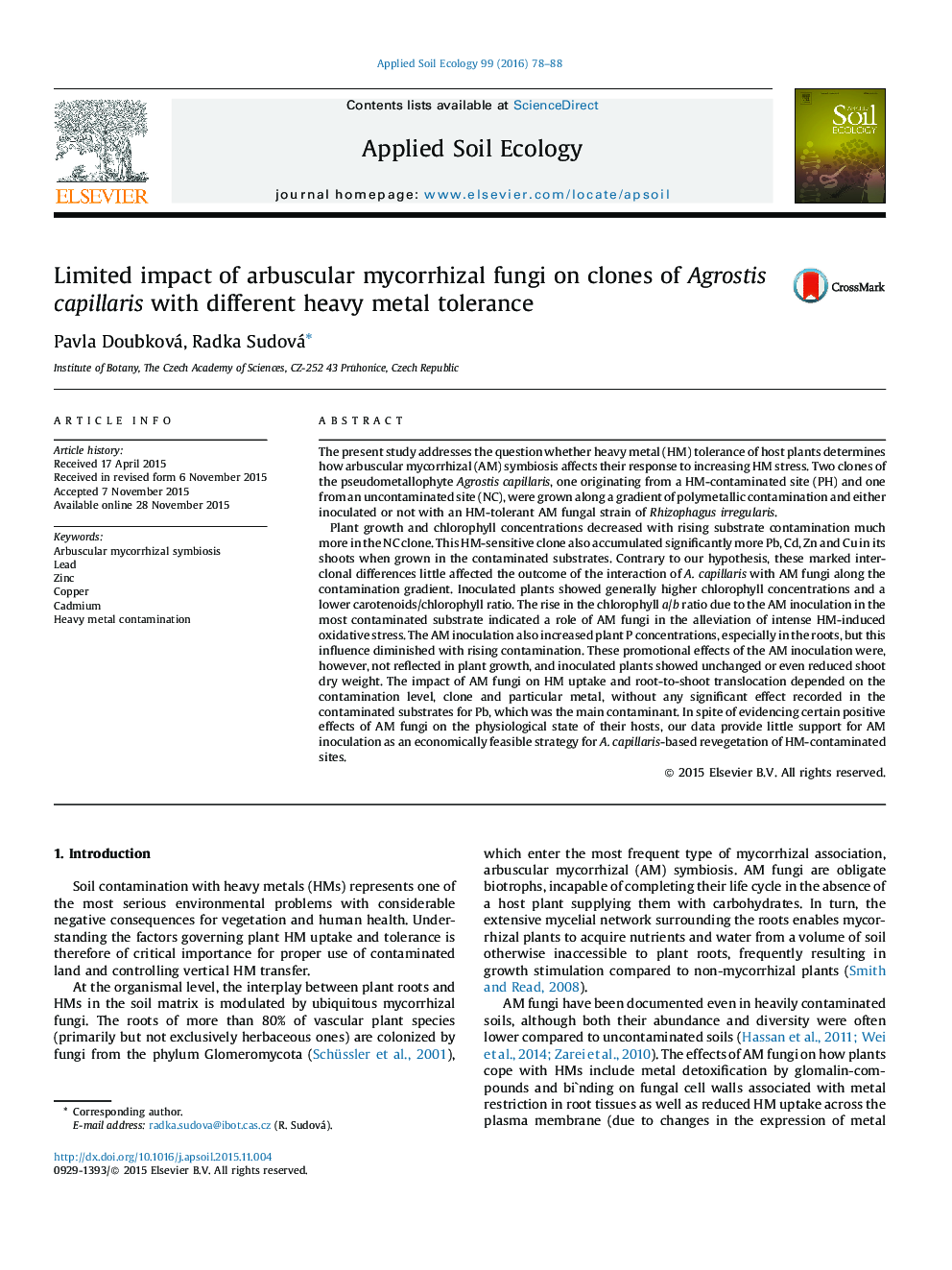 Limited impact of arbuscular mycorrhizal fungi on clones of Agrostis capillaris with different heavy metal tolerance