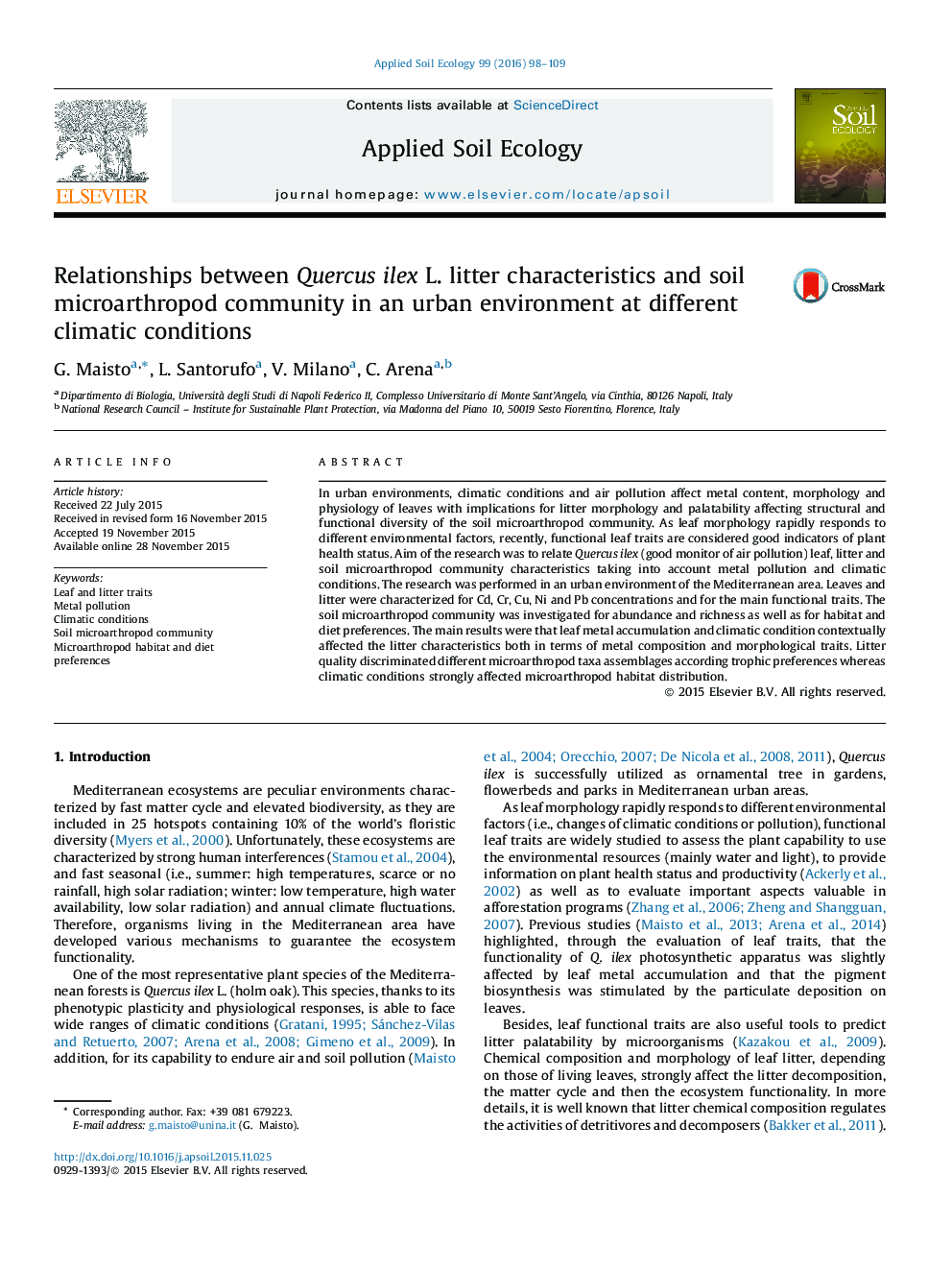 Relationships between Quercus ilex L. litter characteristics and soil microarthropod community in an urban environment at different climatic conditions