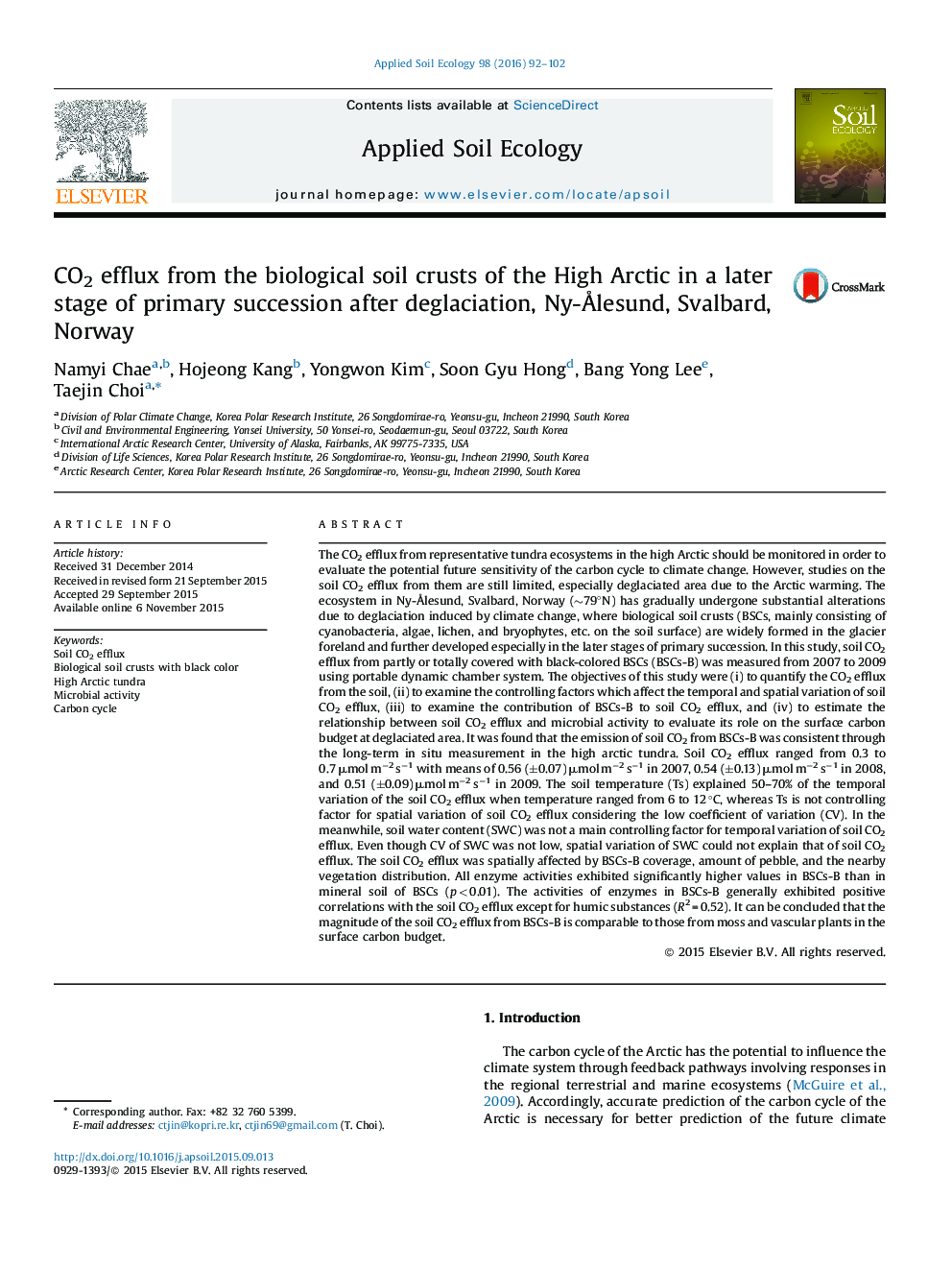 CO2 efflux from the biological soil crusts of the High Arctic in a later stage of primary succession after deglaciation, Ny-Ålesund, Svalbard, Norway