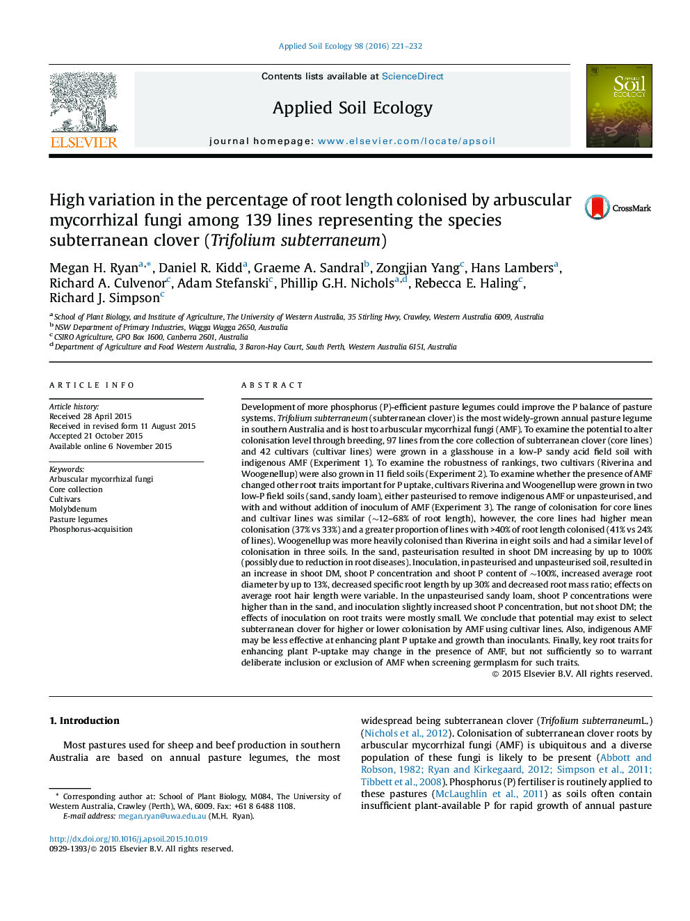 High variation in the percentage of root length colonised by arbuscular mycorrhizal fungi among 139 lines representing the species subterranean clover (Trifolium subterraneum)