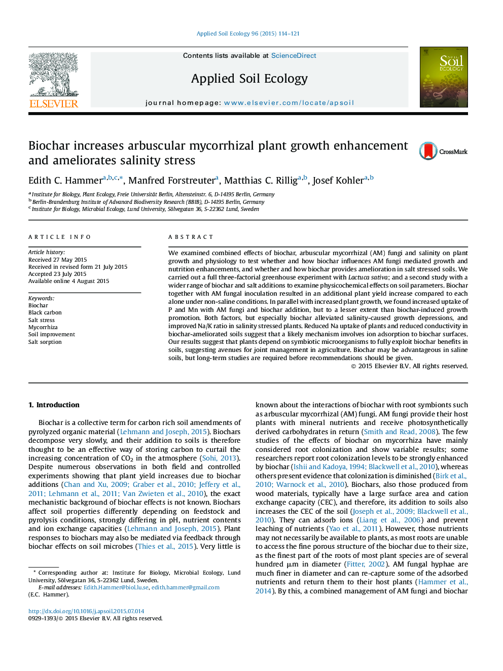 Biochar increases arbuscular mycorrhizal plant growth enhancement and ameliorates salinity stress