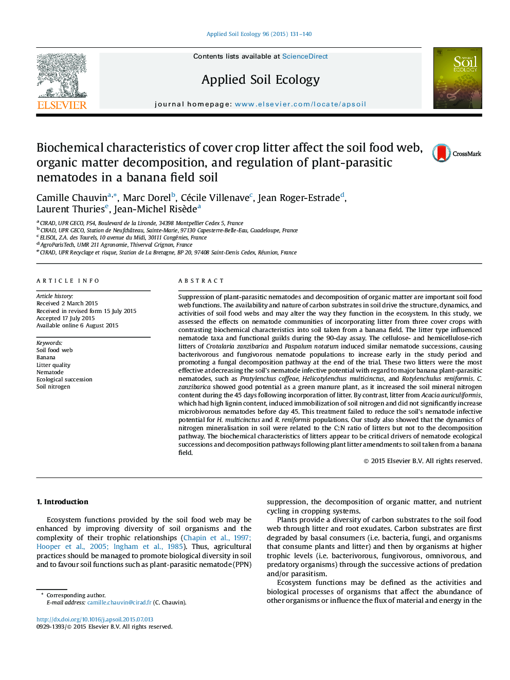 Biochemical characteristics of cover crop litter affect the soil food web, organic matter decomposition, and regulation of plant-parasitic nematodes in a banana field soil