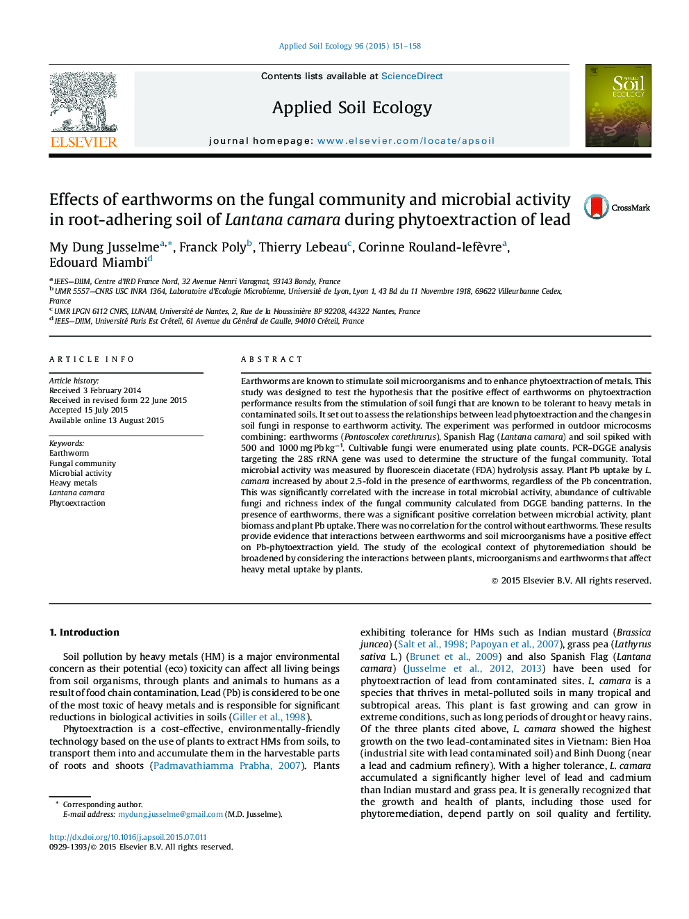 Effects of earthworms on the fungal community and microbial activity in root-adhering soil of Lantana camara during phytoextraction of lead