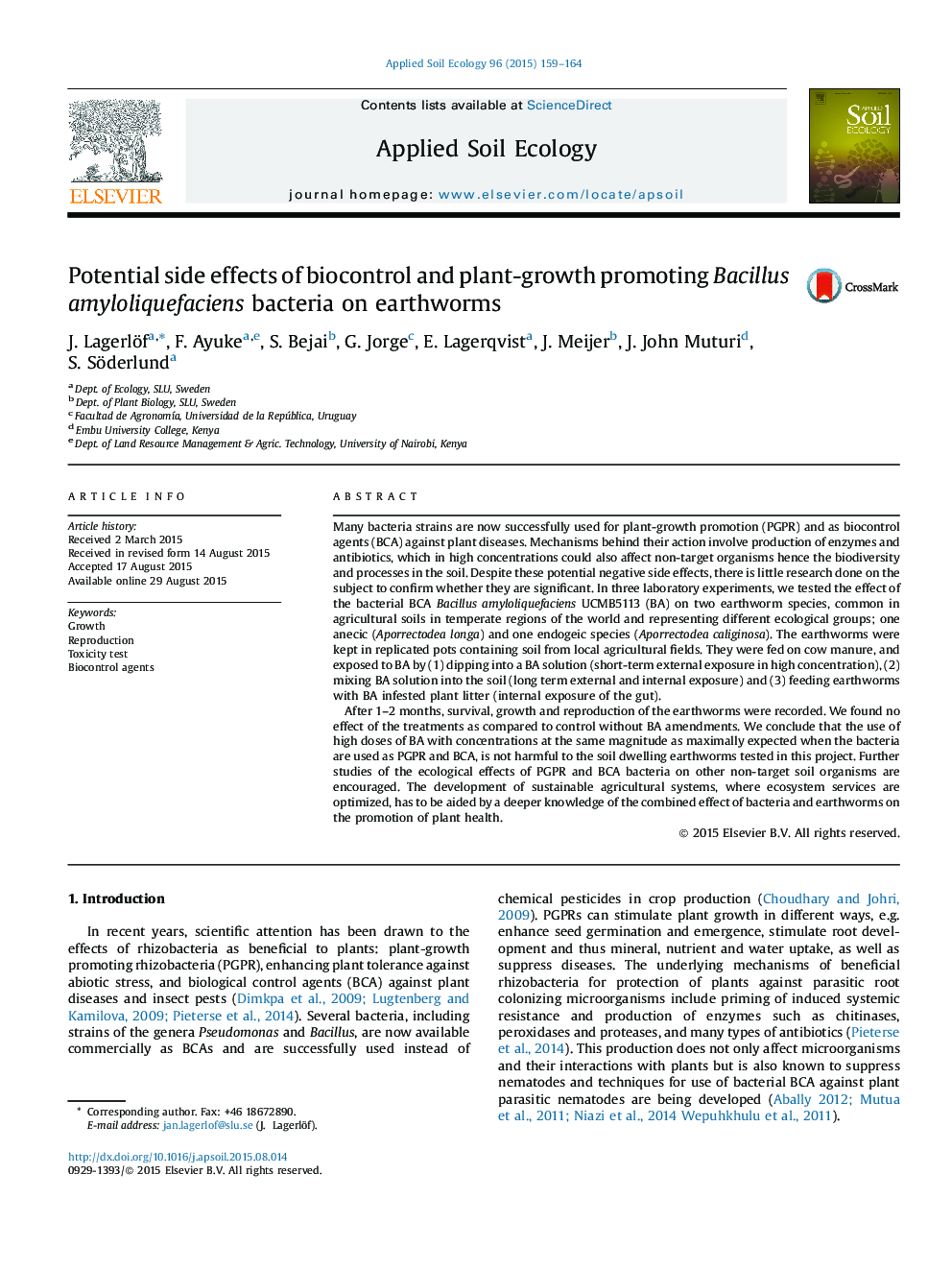 Potential side effects of biocontrol and plant-growth promoting Bacillus amyloliquefaciens bacteria on earthworms