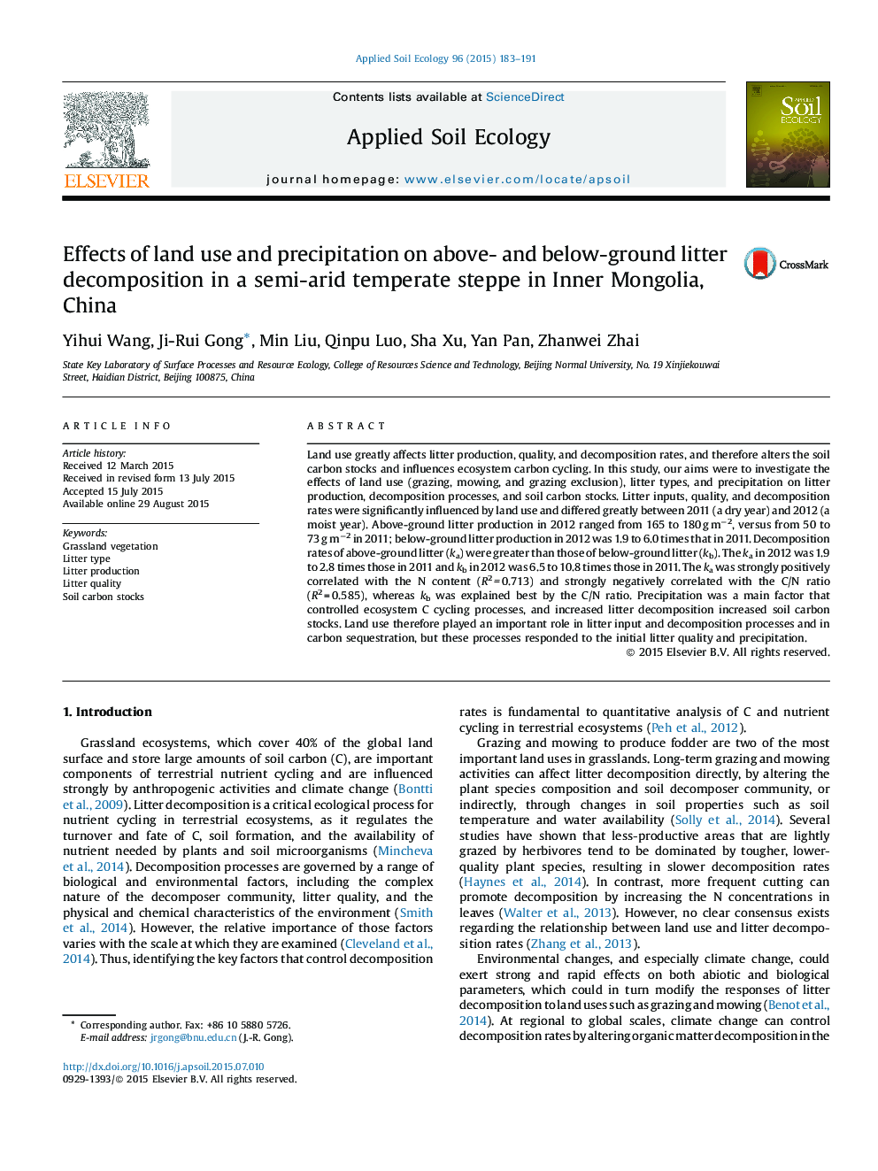 Effects of land use and precipitation on above- and below-ground litter decomposition in a semi-arid temperate steppe in Inner Mongolia, China