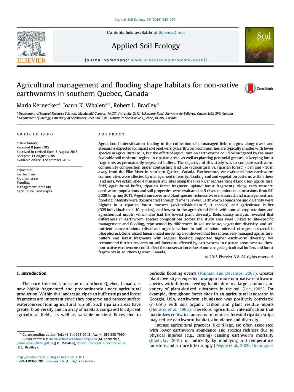 Agricultural management and flooding shape habitats for non-native earthworms in southern Quebec, Canada